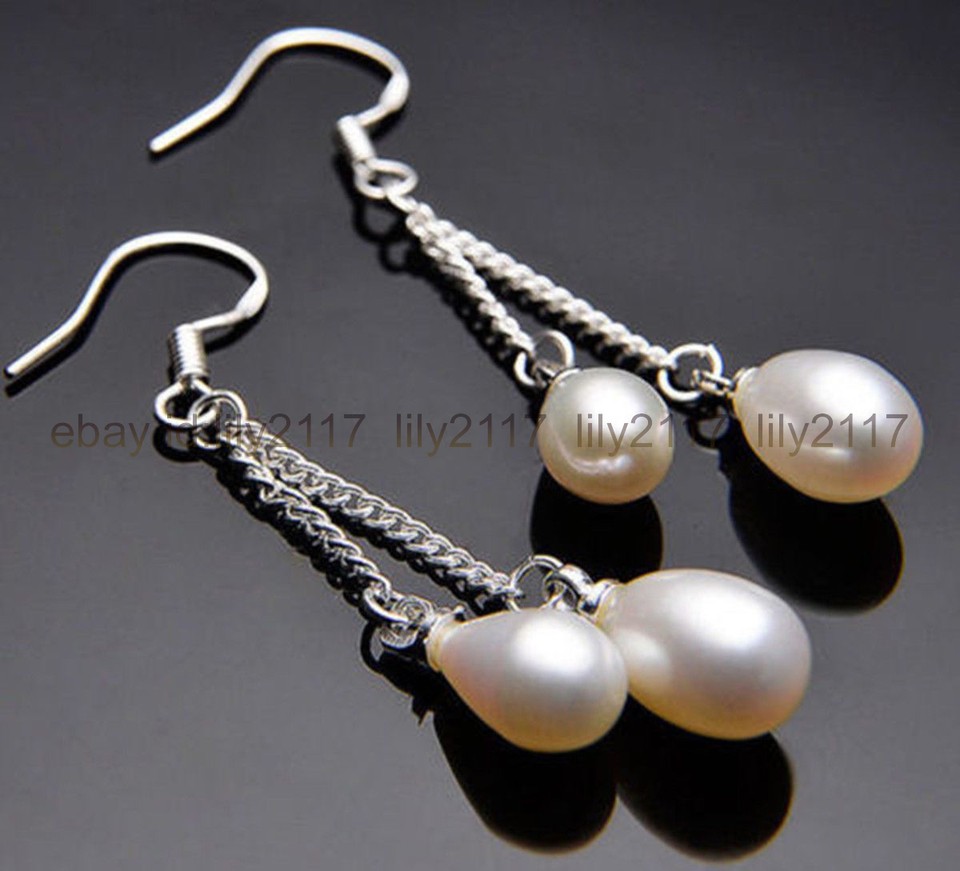 Genuine Natural 7-8mm White Akoya Freshwater Pearl Silver Dangle
