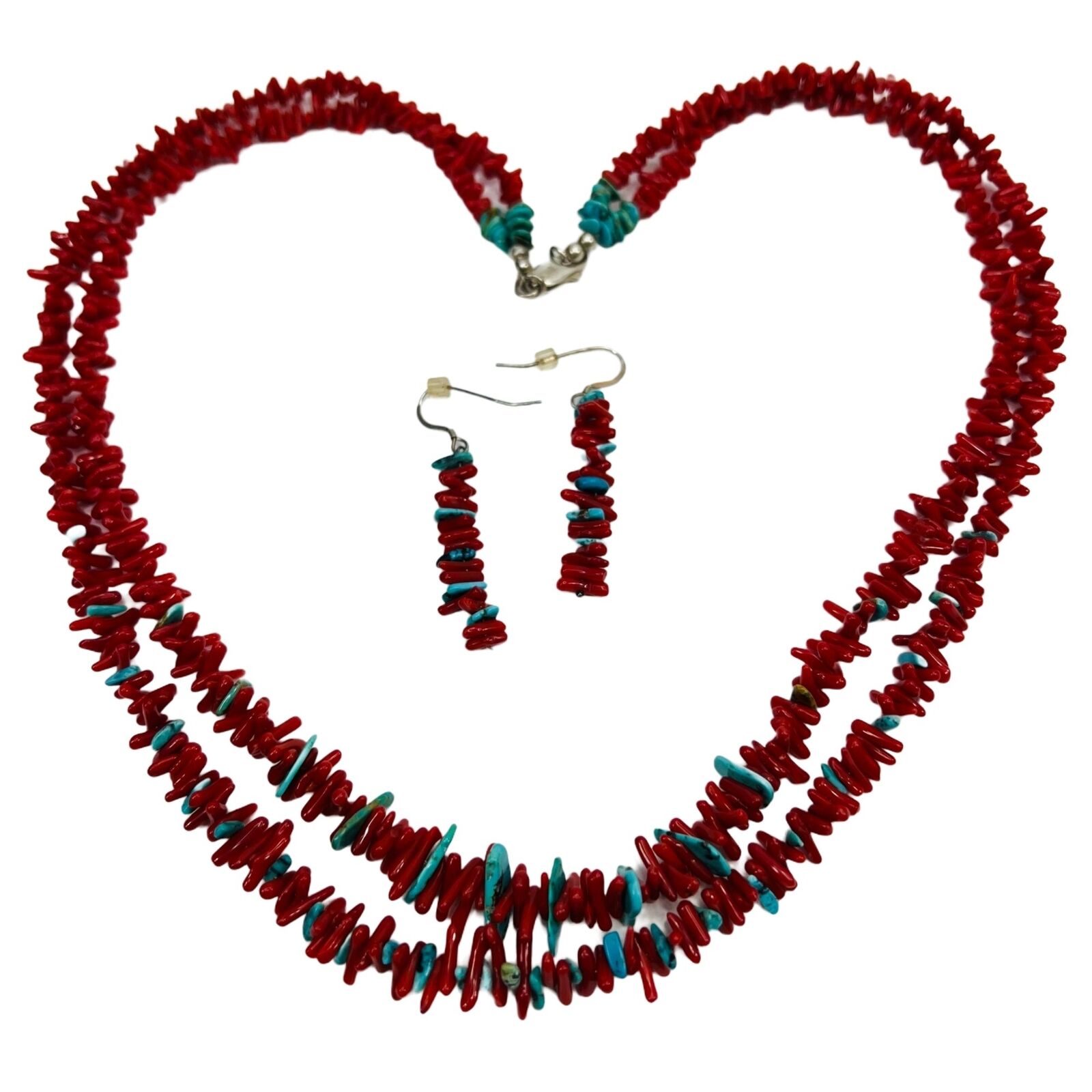 Red Coral Turquoise Necklace Earring Set Sterling… - image 3