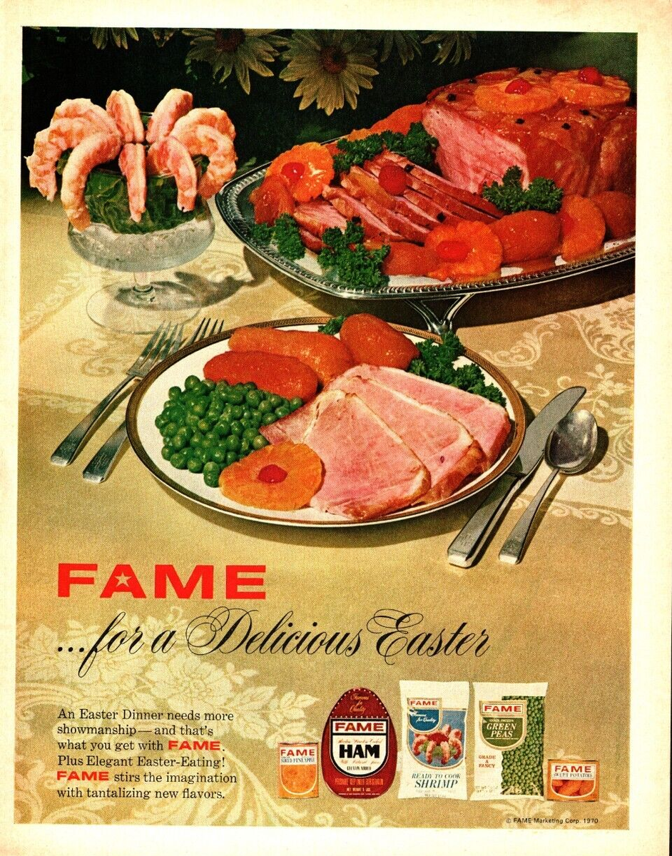 1970 Fame Ham Print Ad Pineapple Shrimp Peas Sweet Potatoes