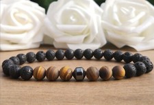Frosted Tiger's Eye & Hematite Lava Stone Beaded Stretch Bracelet