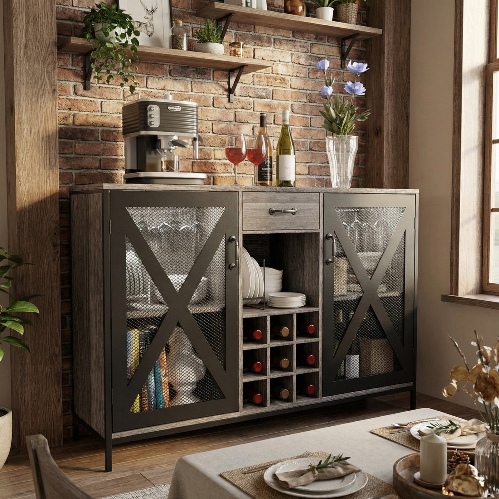 Wooden Wine Cabinet, Vintage Wood Bar Storage Cabinet+Drawer Wine Bottle Display