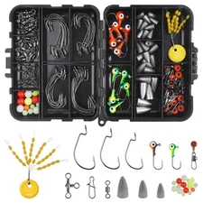 175 PCS Bass Trout Fishing Tackle Kit with Jig Heads Hooks Swivels Weights