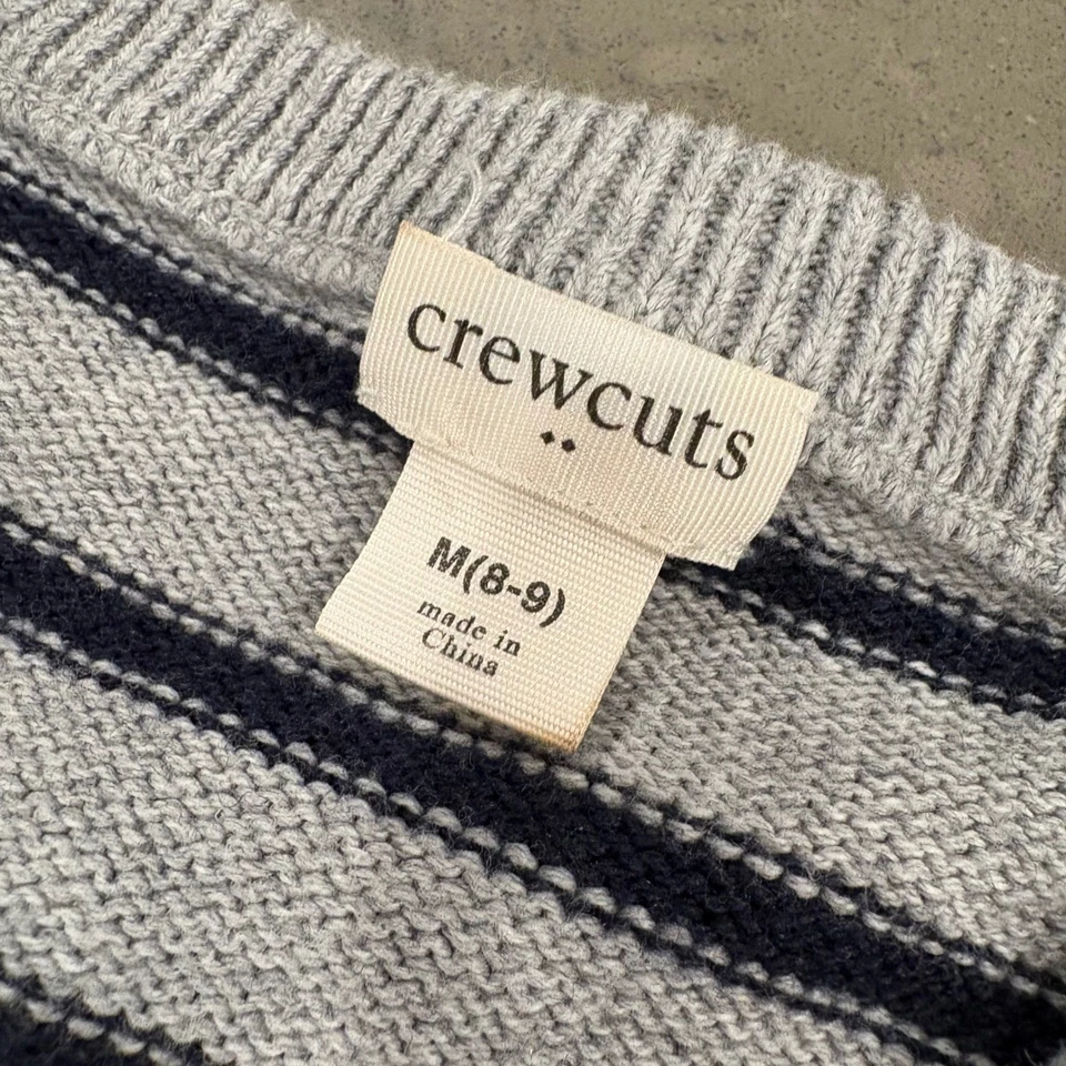 Suéter a Rayas Gris Azul Marino Cortes Redondos Parches en el Codo Cuello Redondo Niños M 8 Preppy Foto 3 de 4