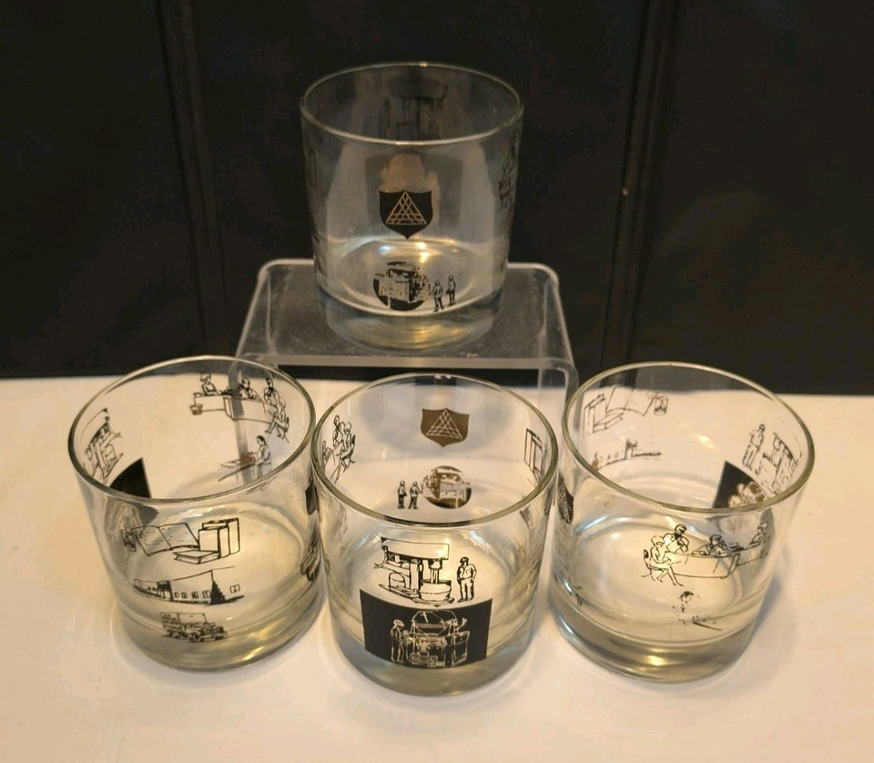 RARE Set of 4 Vintage Low Ball Rock Glasses Industry Printing Themed MCM Barware
