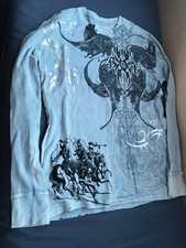 Vtg Y2K Brad Butter AOP Sleeve Thermal Jeweled Lt Blue Shirt Size L NEW USA MADE