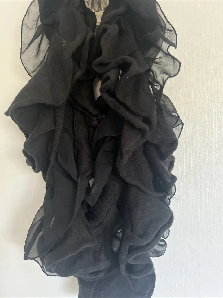 VINTAGE Juicy Couture Soft Black Cotton Chiffon Ruffle Long Circle Scarf - Image 3 of 4