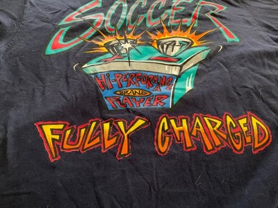 Vtg Soccer HIGH PERFORMANCE PLAYER FULLY CHARGED Large Graphic Blue T-Shirt 80s