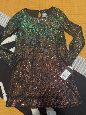 art class Girls 8 Multicolor Sequin Shift Dress Long Sleeve Round Neck Stretch