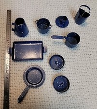 Vintage Doll House Miniatures 9 Pc Blue Enamelware Cookware Tea Set