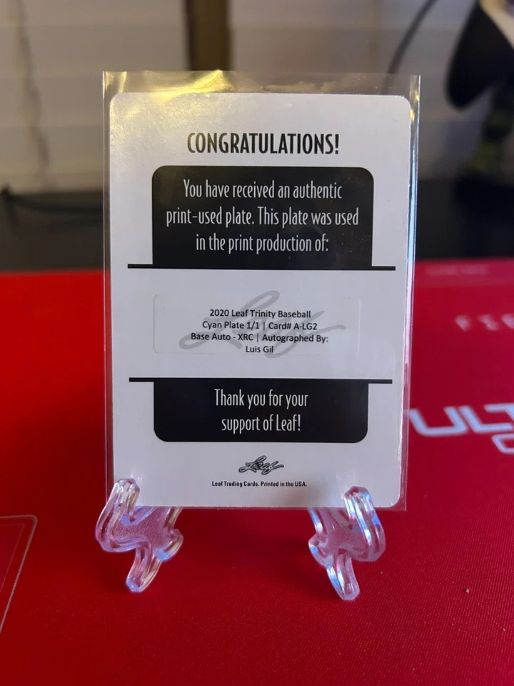 2020 Leaf Trinity Baseball Luis Gil Cyan Printing Plate Auto 1/1 - Image 2 of 2