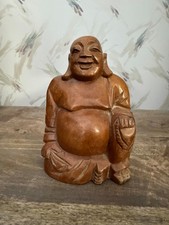 Vintage Hand Carved Wood Laughing Buddha Hotei Figurine 6.5" Tall