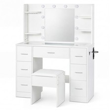 Levede Dressing Table Makeup Vanity with Lights Glass Desktop 7 Drawers White