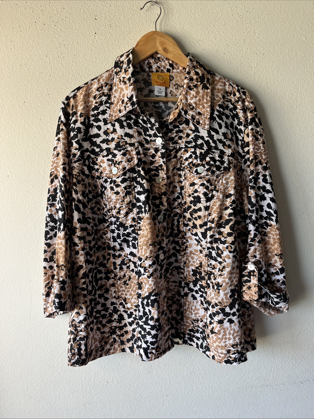 Ruby Rd. Collared Linen Brown Black Button Down N… - image 1