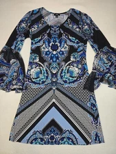 MSK Womens S Paisley Print Bell Sleeve Dress Black/Blue