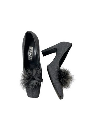 Moschino Gray Wool Fur Pom Detail Block High Heels Size 37 US 6.5 