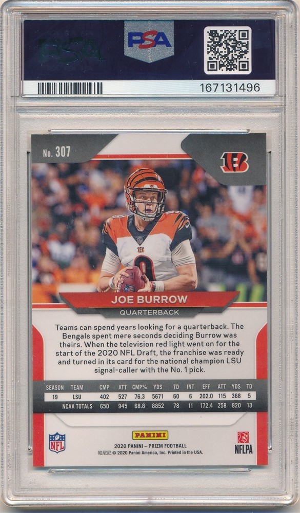 JOE BURROW 2020 PANINI PRIZM #307 RC ROOKIE CARD CINCINNATI BENGALS PSA 9 MINT view 2