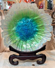 Huge 14” Pier 1 Hombre Art Glass Iridescent Blue Green Garden Party Bowl
