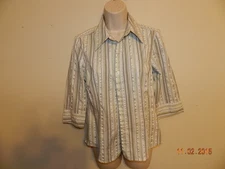 APT 9  WOMAN CAREER BUTTON DOWN BLOUSE M 3/4 SLEEVE EUC CUTE Stretch Green White