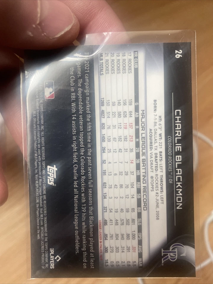 CHARLIE BLACKMON TOPPS CHROME BLACK BASE COLORADO ROCKIES #26 2022 22 - Image 2 of 2