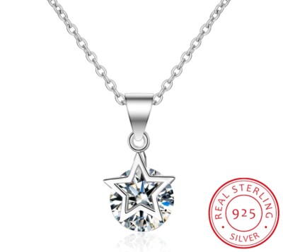 Damen Halskette großer Zirkon Stern Sterling Silber 925