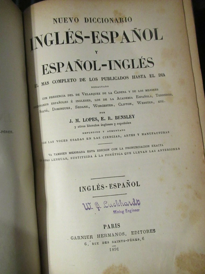 DICCIONARIO Ingles-Espanol, Espanol-Ingles (1891) Ex Libris  - Image 2 of 4