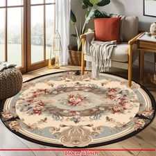 100*100cm 1pc Blue and White Retro Rose Round Rug - Non-Slip, Machine Washable P
