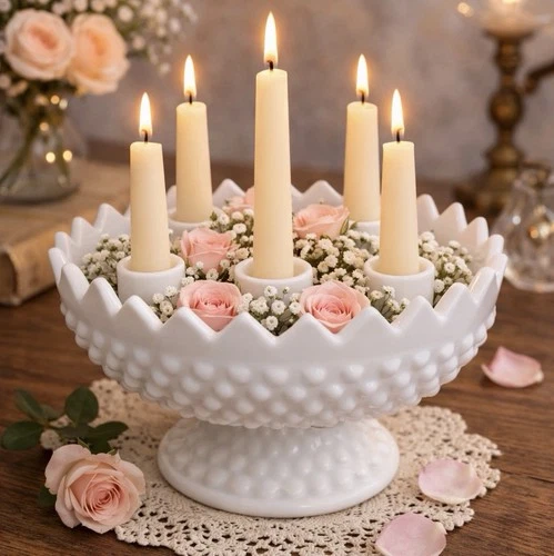 Vintage Fenton White Milk Glass Hobnail Scalloped Edge Footed Candle Holder Bowl