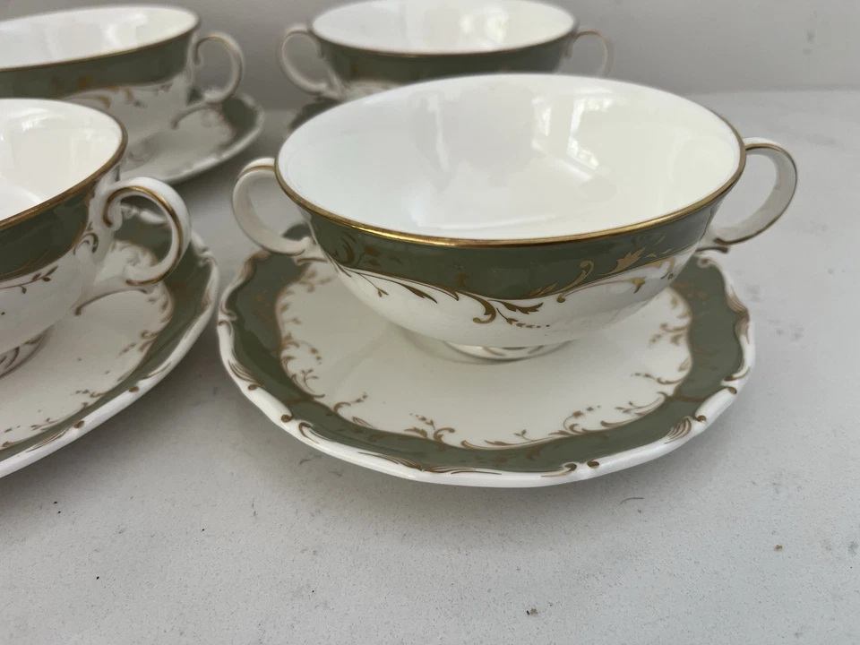 4 X Royal Doulton FONTAINEBLEAU Green Soup Cups Bowls And Saucers Two Handled - Image 4 of 4