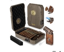 Travel Cigar Humidor Case - Cedar Lined, V Cut Cutter, Portable Humidor with Hum