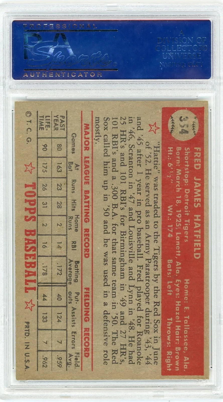1952 Topps Fred Hatfield #354 PSA 4 view 2