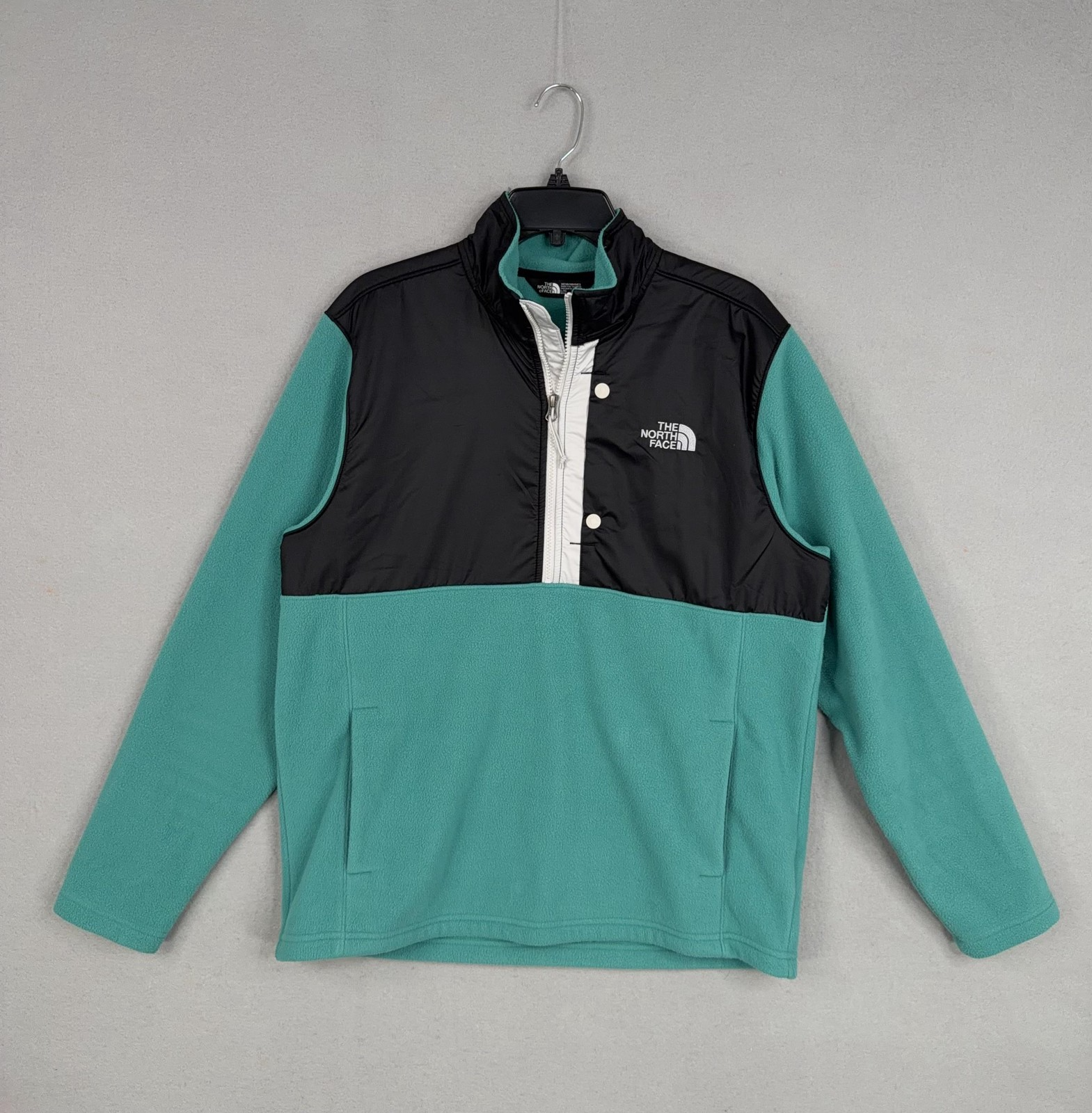 The North Face Jacket Mens Large Aqua Blue Black Fleece 1/2 Zip Pullover Sweater