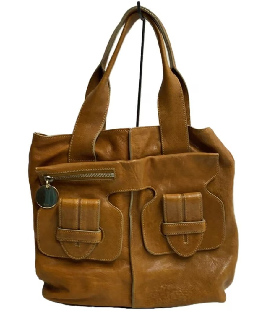Chloe Saskia Brown Leather Tote Bag with Zip Pockets Made in Italy Pre-Owned
