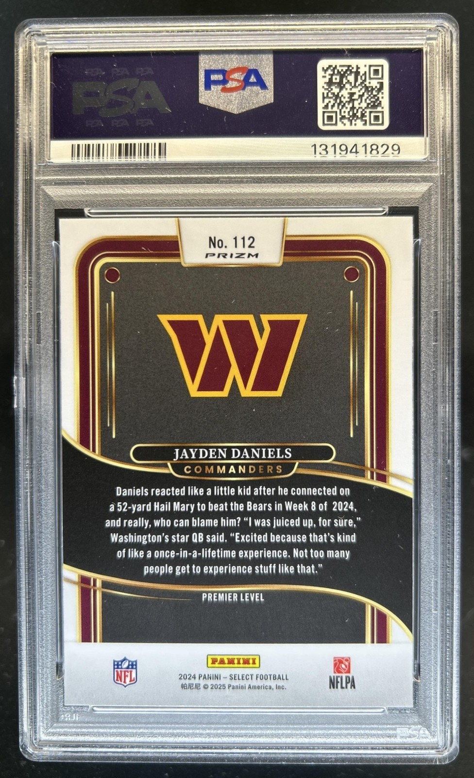 2024 Select Jayden Daniels Premier RC Black and Red Prizm Shock #112 PSA 9 view 2