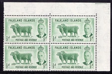 FALKLAND IS 1952 KGVI DEFINITIVE ½D CORNER BLOCK MISSING FRAMELINE ERROR VFUM