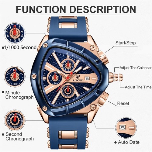 LIGE Men Watch Triangle Big Case Boy Sport Wristwatch Silicone Chronograph Watch - Picture 7 of 29