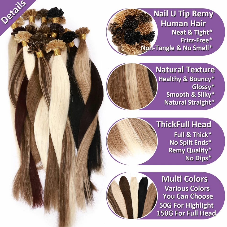 1g Nail U Tip Keratin Real 100% Human Hair Extensions Pre Bonded THICK Full Head - Image 3 of 4