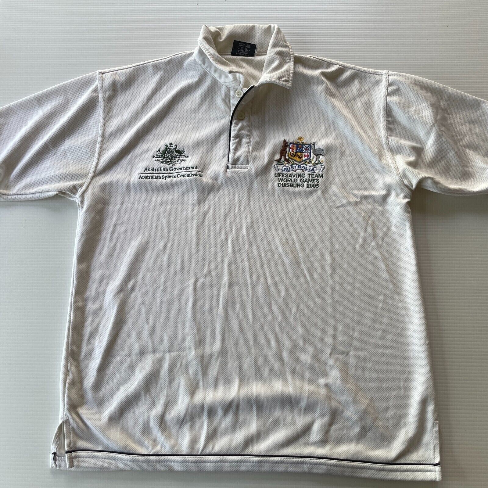 Stencil Lifesaving Team World Games Polo Shirt 2005 Mens Size M White Casual Fit