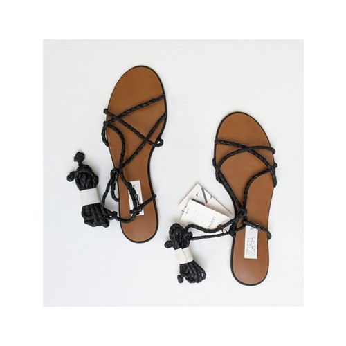 ZARA Black Leather Braided Strappy Flat Sandals Women's Size 6.5 US