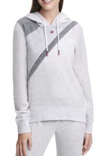 New Tommy Hilfiger Velour Colorblocked Hoodie white grey women's top hood