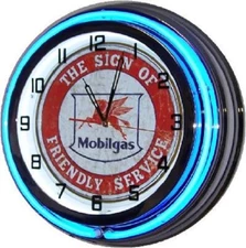 MOBILGAS CLOCK 19" DOUBLE NEON THE SIGN OF FRIENDLY SERVICE MOBILGAS FS NEW