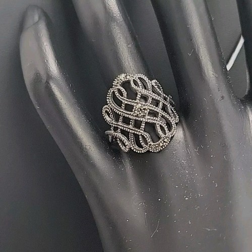 Vintage 80's Sterling Silver Texture Filigree Marcasite Ring Size 9 Stamp MO 925 - Picture 10 of 17