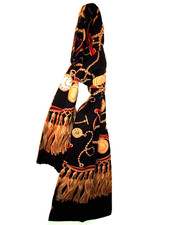 CLOCK CHAIN TASSELS PRINT DOUBLE LAYER JERSEY EVENING SCARF BACK/GOLD/RED/GREEN