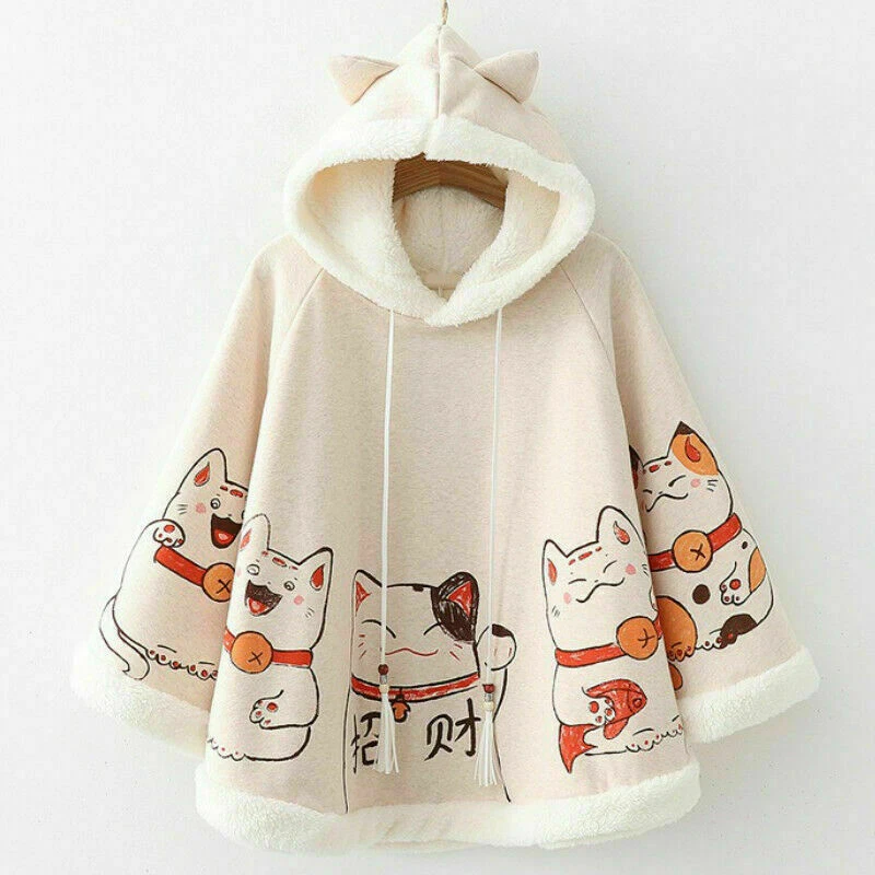 Women Fleece Cloak Cape Poncho Coat Jacket Japanese Lolita Cat Hooded Thick - Image 2 of 4