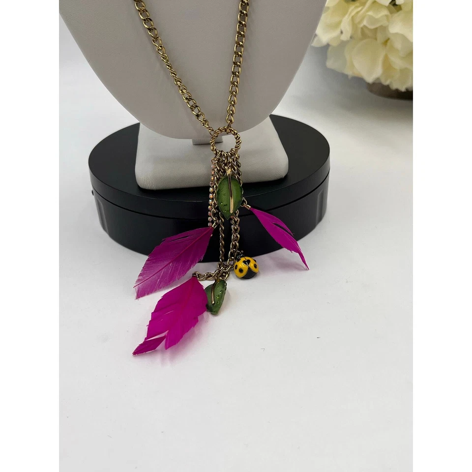 Betsey Johnson HAWAIIAN LUAU Ladybug Leaf & Pink Feather Y Necklace - Image 2 of 4
