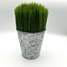 Pottery Barn Faux Grass Plant Galvanized Metal Pot Farmhouse Rustic Decor