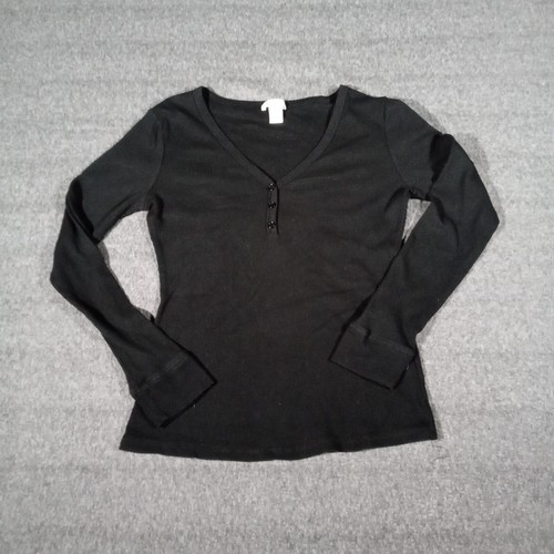 Bozzolo Top Women Large Black V Neck Henley Waffle Knit Causal Camp Capsule