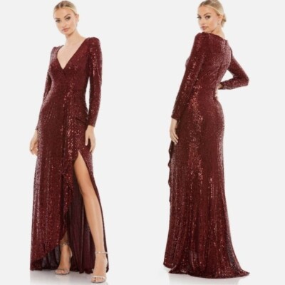 Mac Duggal | Sequin Wine Red Faux Wrap Gown NWOT