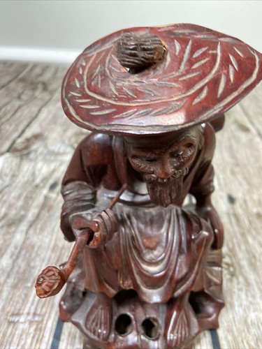 Vintage Chinese Rosewood Statue Man Wood Carving Figurine Inlay eye & Teeth 7” - Picture 11 of 19