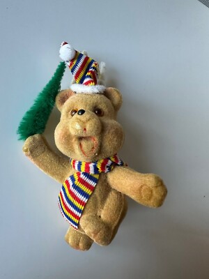 Vintage Flocked Bear Christmas Ornament with Tree (11E)