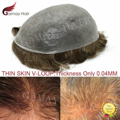 Mens Toupee Hair Replacement Invisible Ultra Thin Skin V-Loop Hair Piece System